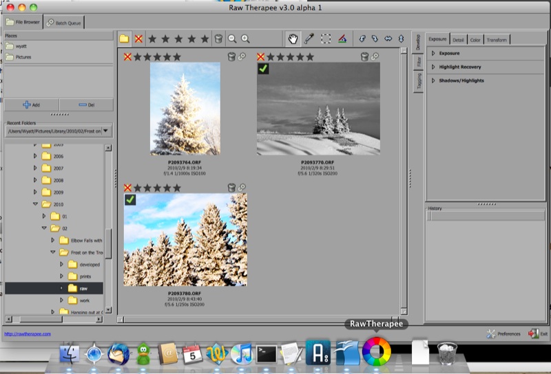Screenshot of RawTherapee on the Mac, without X11