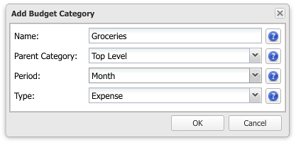 Screenshot of the Create Budget Category window