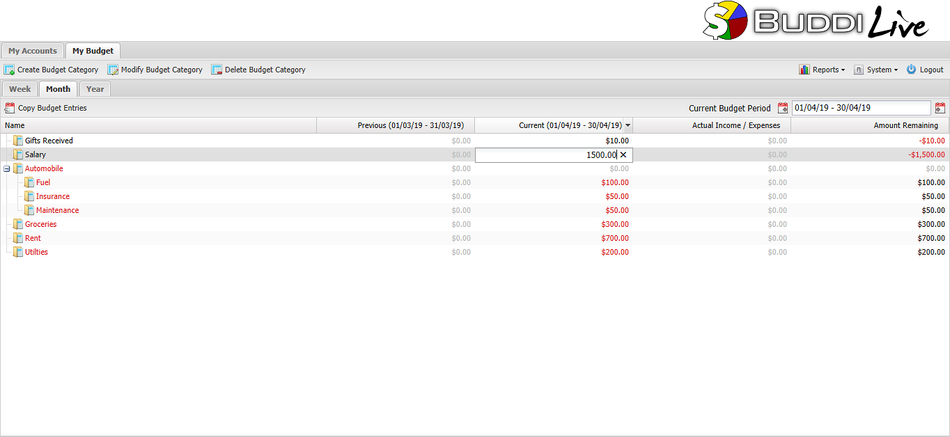 Screenshot of the Create Budget Category window