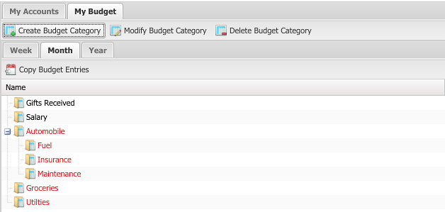 Screenshot of the Create Budget Category window