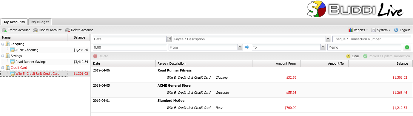 Screenshot of the Transactions window